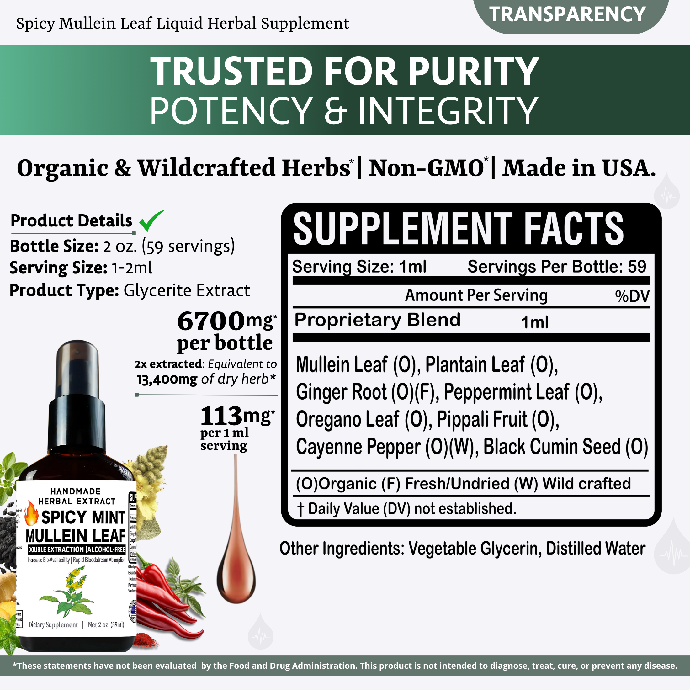 Spicy Mullein Leaf | Respiratory & Lung | with Cayenne & Herbal Mint | 60 Servings 2 oz (59 mL) Liquid Drops | Digestive Dietary Supplement